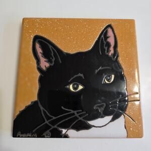 Pumpkin Tile Hand Painted Black Cat Tile 6" x 6" Corralas, New Mexico